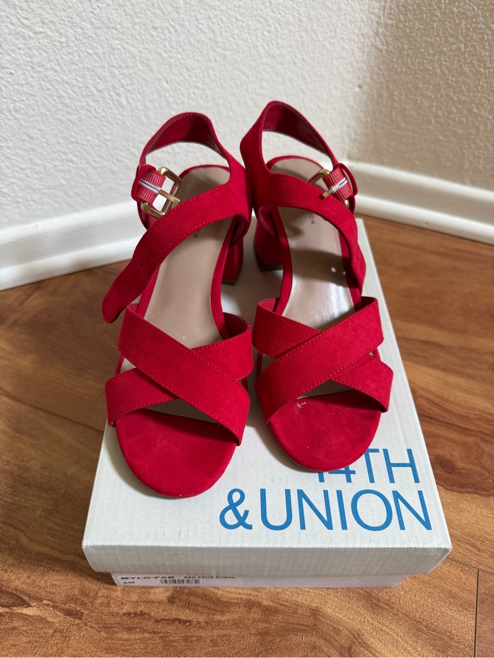 14th & Union Red Crisscross Block Heel Sandals